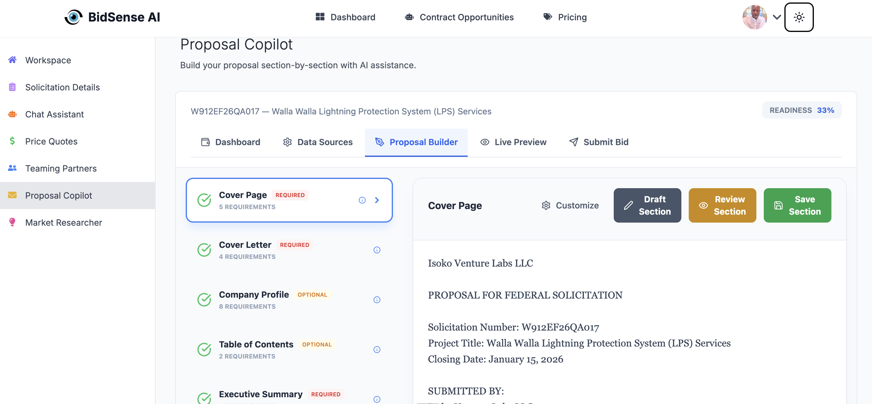 Proposal Copilot feature showing AI-powered proposal building interface