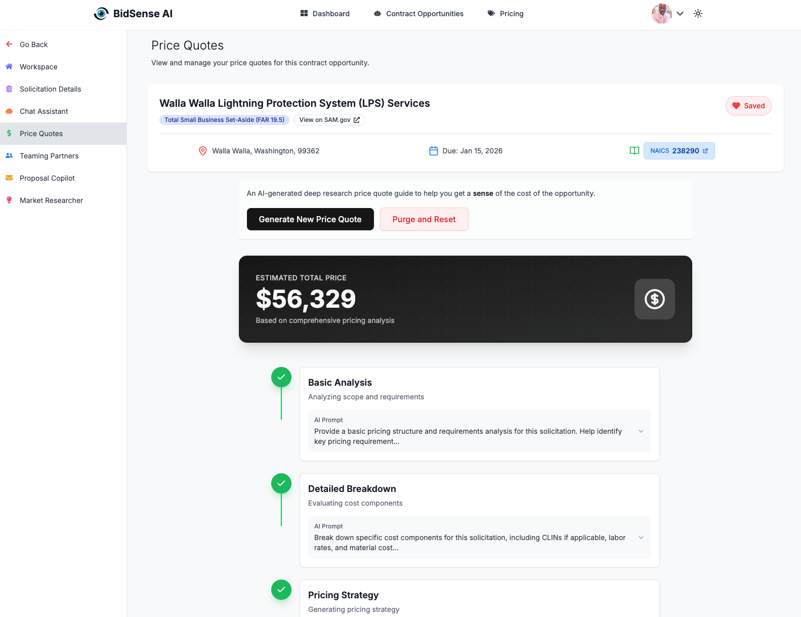 Price Quotes feature showing AI-generated pricing analysis